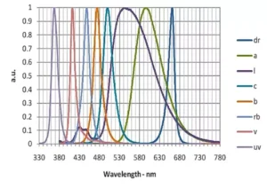 A graph of wavelengths in different colors
