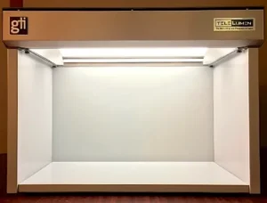 Photo of a light booth equipped with Telelumen Octa programmable LED luminaire. The programmable spectrum capability gives excellent critical color evaluation capability to the user. Objects placed in the viewing booth can be observed under many different lighting conditions including CIE standard illuminant.
