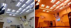 Two different pictures of an ICU patient room equipped with multiple Telelumen Octa LED light synthesizers in the ceiling. The light spectrum can be programmed to a blue or red enhanced spectrum.