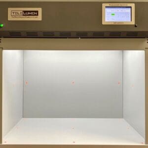 Photo of a light booth equipped with Telelumen Octa programmable LED luminaire. The programmable spectrum capability gives excellent critical color evaluation capability to the user. Objects placed in the viewing booth can be observed under many different lighting conditions including CIE standard illuminant.