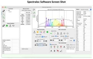 Screenshot of the Spectraloc software graphical user interface that controls the spectral light output of Telelumen LED luminaires. Shown are the LED light spectrum, input parameters, level controls and the resulting light output metrics such as CRI, CCT and lumen output.