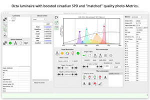 Screenshot of the software graphical user interface using the Octa light synthesizer. The screenshot highlights the capability to enhance or suppress blue spectral content known to affect human circadian rhythms while keeping other light parameters like CCT, lumen output and CRI constant.