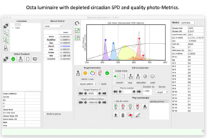Screenshot of the software graphical user interface using the Octa light synthesizer. The screenshot highlights the capability to program circadian light spectra that manipulate the blue spectral content known to affect human circadian rhythms.