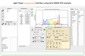 Screenshot of the Spectraloc software graphical user interface using the Octa light synthesizer. The screenshot highlights the light player feature of the LED luminaire which allows the light spectrum output to change over time through programing sequential frames of different light spectra.