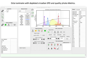 Screenshot of the software graphical user interface using the Octa light synthesizer. The screenshot highlights the capability to program circadian light spectra that manipulate the blue spectral content known to affect human circadian rhythms.