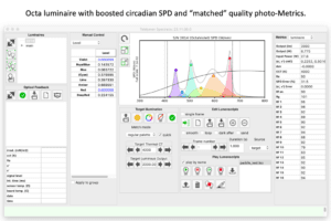 Screenshot of the software graphical user interface using the Octa light synthesizer. The screenshot highlights the capability to enhance or suppress blue spectral content known to affect human circadian rhythms while keeping other light parameters like CCT, lumen output and CRI constant.