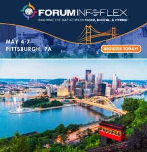 Announcement for InfoFlex Conference 2025 for the printing industry in Pittsburgh PA. and a photo of downtown Pittsburgh