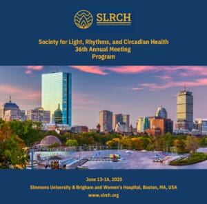 Photo of downtown Boston with announcement for the Society for Light, Rhythms and Circadian Health Conference June 13 to 14, 2025 in Boston