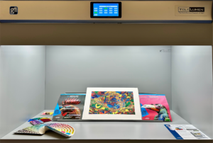 Color samples displayed under a light booth.