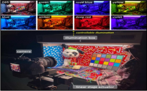 Camera setup with various illumination colors displayed.